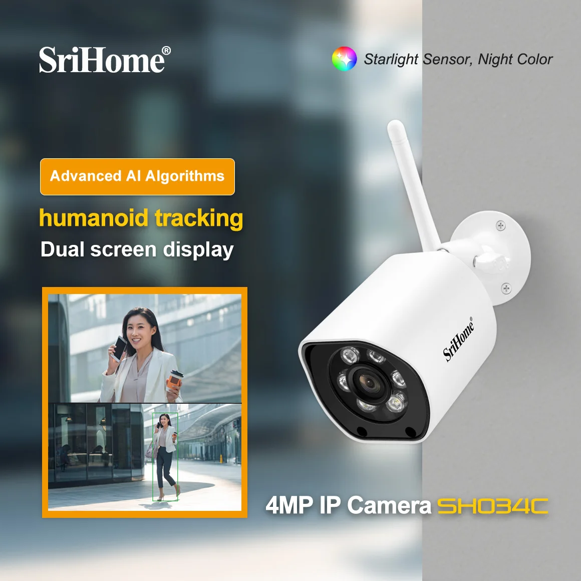 

Srihome SH034 4MP 1440P Dual Screen Display IP Bullet Camera 2.4G&5G Dual Band WIFI Onvif Full Color Intercom Baby Monitor