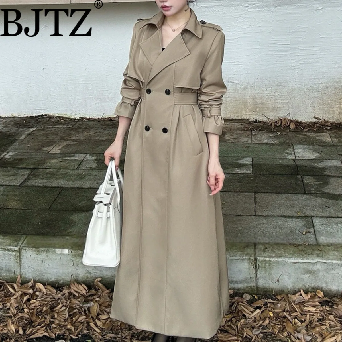 

BJTZ 2025 Autumn Winter Women’s Long Belted Trench Coat Classic Versatile Tie-Waist Office Chic Outerwear Jacket Warm Windproof