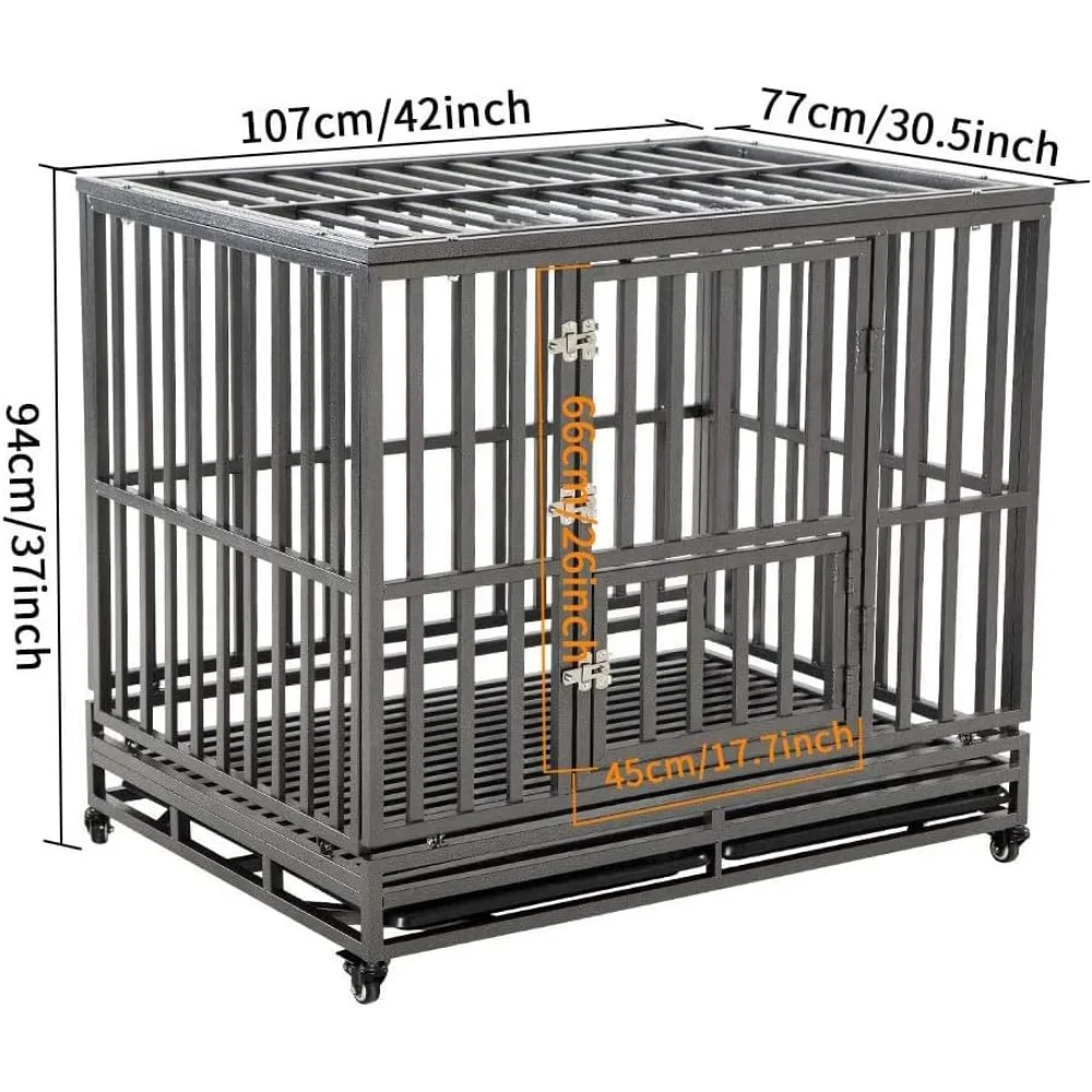 Heavy Duty Dog Cage Metal Kennel and Crate for Medium and Large Dogs, Pet Playpen with Four Wheels 42 inch,Black