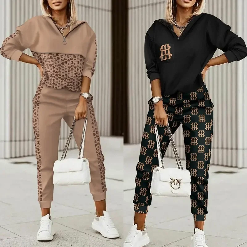 2024 Spring Autumn New Fashion Women Plaid Print Zipper Front Hooded Top & Pants Set Two Pieces Suit Trousers Female Outwear