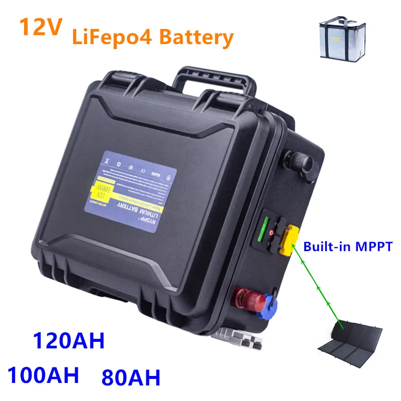 12V LiFePO4 80AH/100AH/120AH battery 12v lithium iron phosphate battery Built in MPPT waterproof for Solar panel,inverter,motor