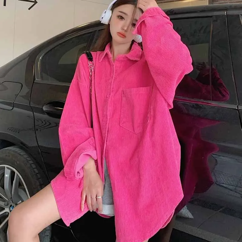 Female Students Fluorescent Green New Corduroy Cardigan Blouse Tops Women Korean Retro Style Loose Fit Mid Length Version Shirt