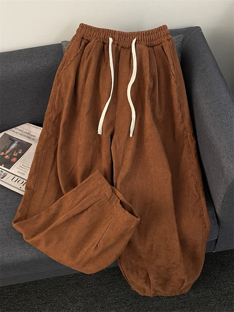 Autumn Winter Fleece Corduroy Pants For Men Solid Color Simple Drawstring Elastic Waist Japanese Retro Thicken Loose Trousers