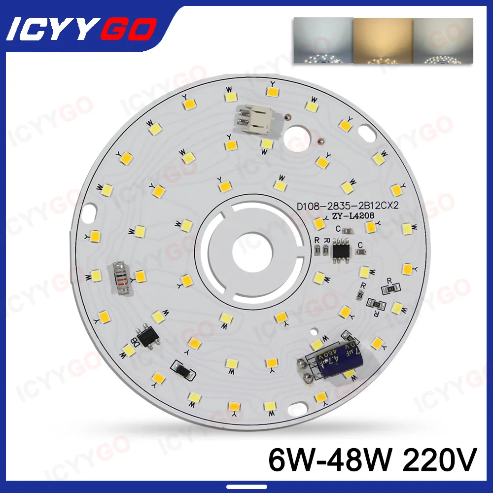 6W 8W 12W 24W 36W 48W LED Chip 220V Driver-Free Three-Color Aisle PCB Light Source Accessories Round LED Light Panel