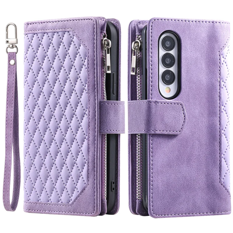 2024 Luxury Double Layer Zipper Wallet Case for Samsung Galaxy Z Fold 4 Lozenge PU Leather Flip Cover for SM-F936B SM-F936U SM-F