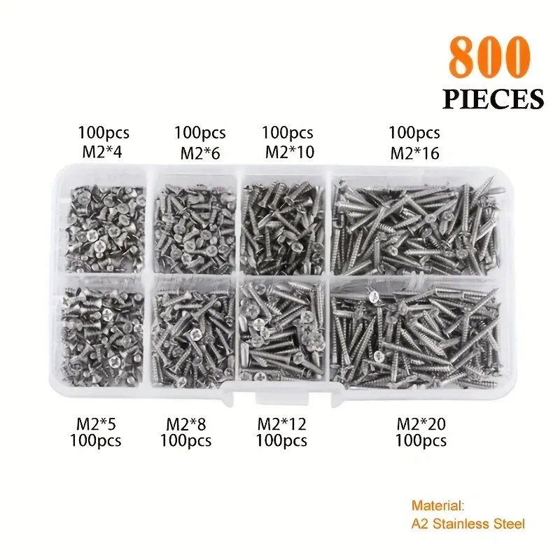 800pcs Self Tapping Wood Screws Set M2 Phillips Flat Head Sheet Metal Screw Self Lock Nut Wood Thread Nail Screw Sets