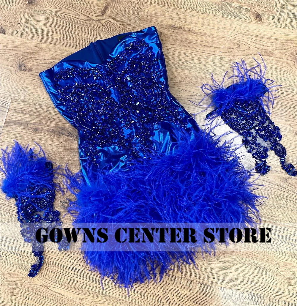 Royal Blue Strapless Prom Dresses Beaded Rhinestones Feathers With Gloves Homecoming Gowns Black Girl Birthday Dress Customized