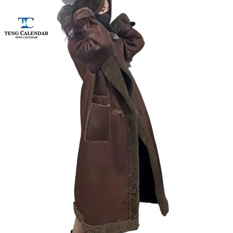 Fur Integrated Suede Lamb Fur Imitation Fur, Retro Medium Long Thick Standing Collar Coat, Women's Autumn and Winter New 2025