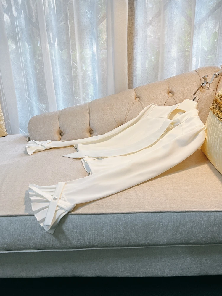 

Ele Romantic Knot Satin White irt Весна Осень V-Ne Long Sve Женский топ Faionable Универсальный Pure Col...