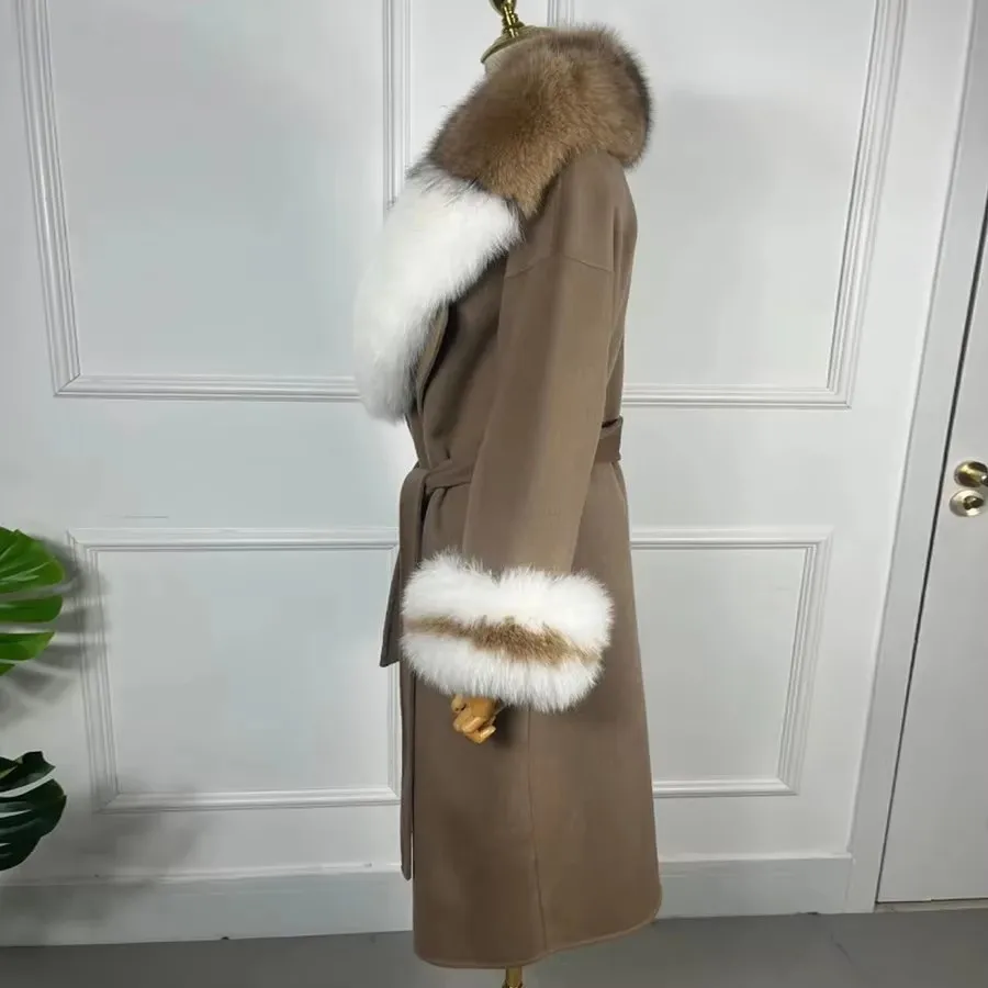 Women Cashmere Wool Coat Real Fox Fur Collar Cuffs Warm Winter Fur Coat High Quality Natural Fur Best Seller