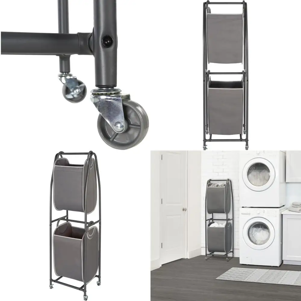 

Double-Tiered Rolling Laundry Hamper with 2 Baskets for Clothes, Towels, and Storage Organization