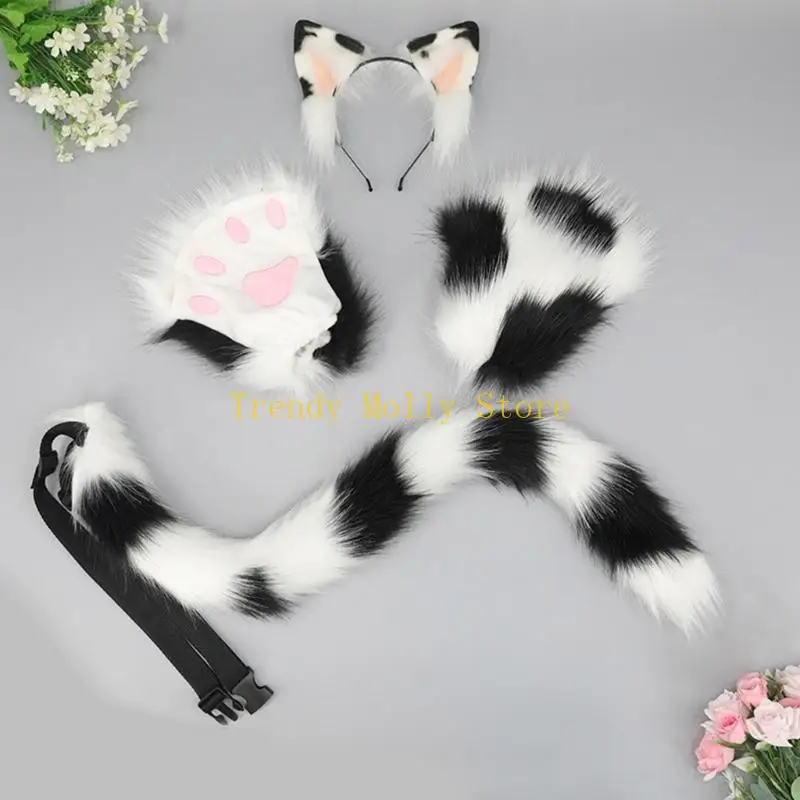 N5KB Wolf Fuchsschwanz Clip Ohren und Handschuhe Set Halloween Cosplay Party Kostüm Zubehör