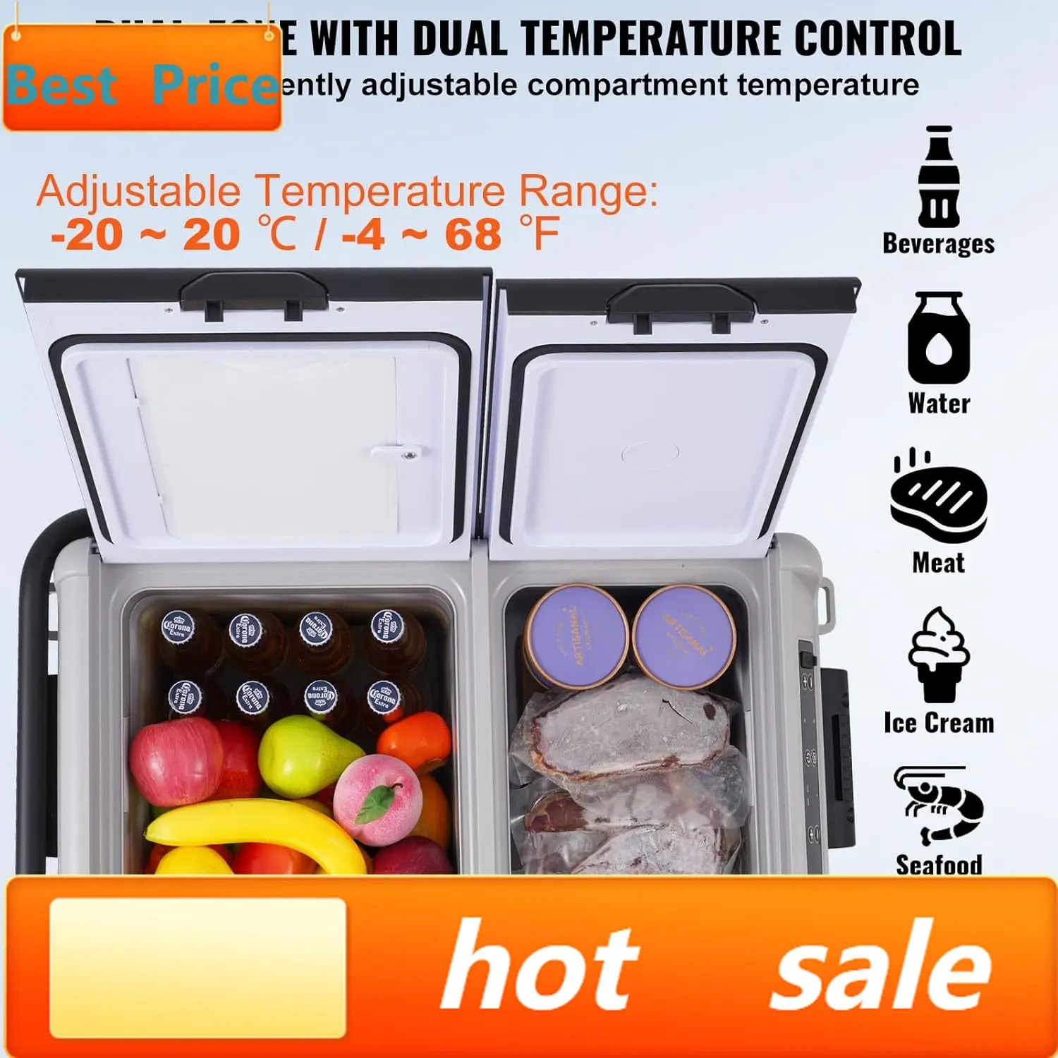 

Car Refrigerator 50L / 52.8 QT, Dual Zone 12 Volt Compressor Fridge, -4℉ to 68℉ Adjustable, Portable Freezer Cooler for Car, RV,