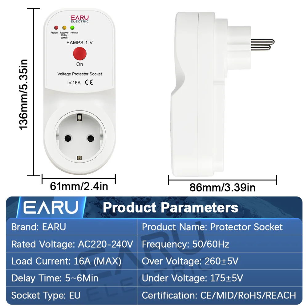 EARU Automatic Voltage Protector Socket Switch 16A AC 230V Power Surge Protection EU Socket Type Volt Safe For Home Appliance