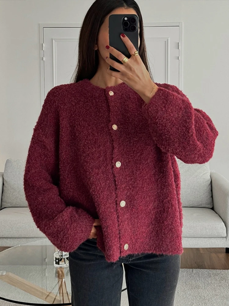 Solid Knit Cardigan Women Round Neck Long Sleeves Single Breasted Sweater Female 2024 Autumn Winter Casual Loose Knitwear Lady