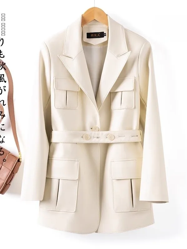 海寧本革コート レディース ミドル丈 2025年春新作 エイプスキン ウィンドブレーカー ウエストシェイプ レトロレザージャケット