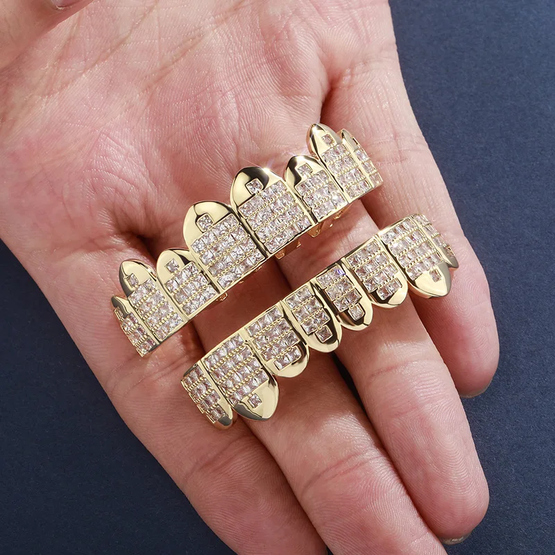 14K Gold Plated Baguette CZ 8 Teeth Point Grillz Iced Out Hip Hop Tooth Caps Halloween Cosplay Jewelry Set for Men Rapper
