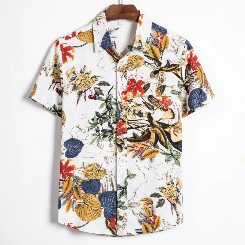 

SZYL-Popular Hawaiian Vacation Short-Sleeved Printed Men's Casual Cotton and Linen Men's Short-Sleeved Shirt Men