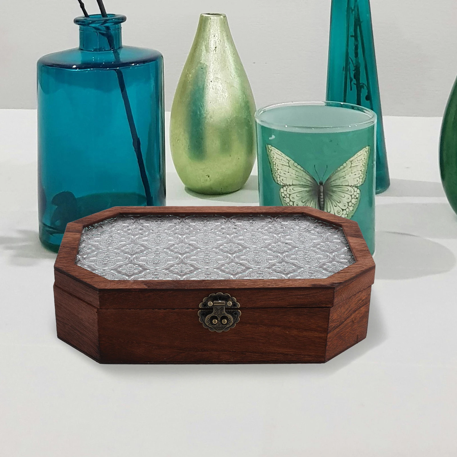 

Роскошный деревянный органайзер для макияжа, настольный органайзер для хранения, винтажный цветочный узор, компактный органайзер для туалетного столика, хранение на память, маленькое дерево