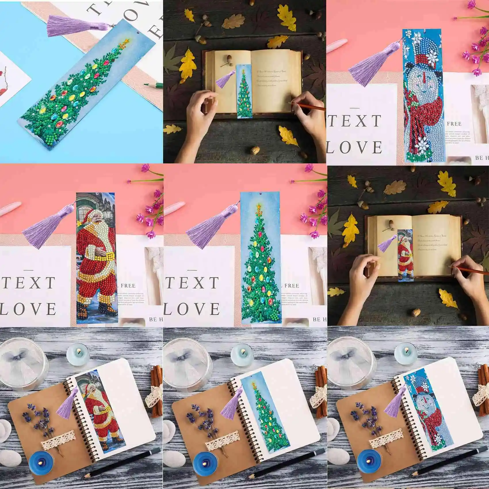 3 Pieces Diamond Painting Christmas Bookmarks Tassel Beade Santa Claus Christmas Snowman And Tree DIY Gifts