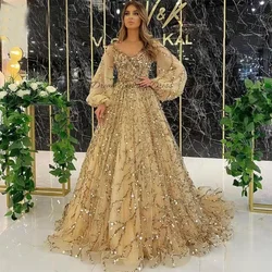 Dream Evening Dress Luxury 2023 Gold Shiny Sweetheart Robe Long Sleeve A-Line Sequins Formal Occasion Dresses Customized