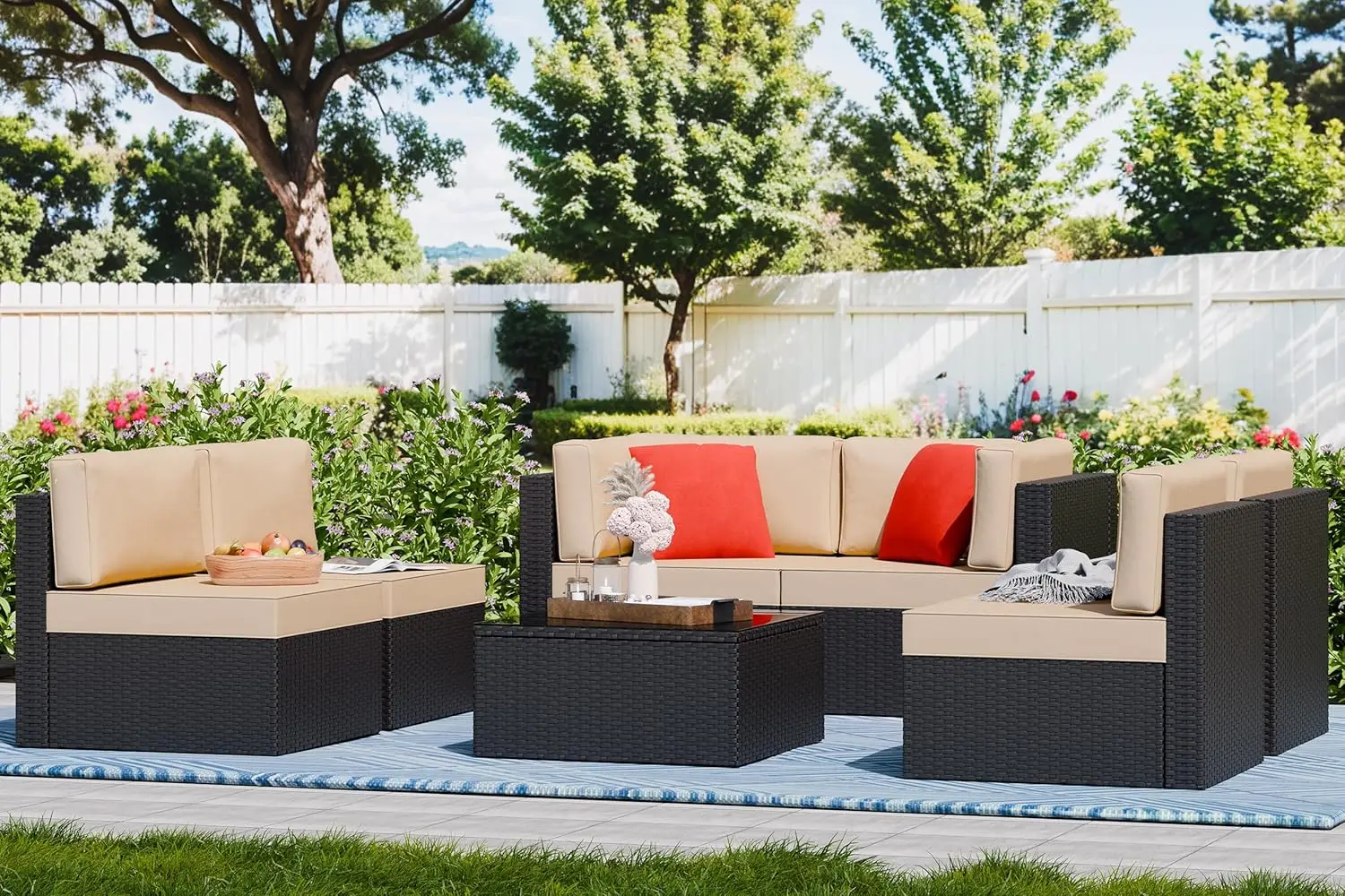 Vongrasig 7-teiliges Terrassenmöbel-Set für den Außenbereich, Rattan-Sofa für den Außenbereich, PE-Terrassen-Gesprächsset aus manuellem Weben aus Korbgeflecht