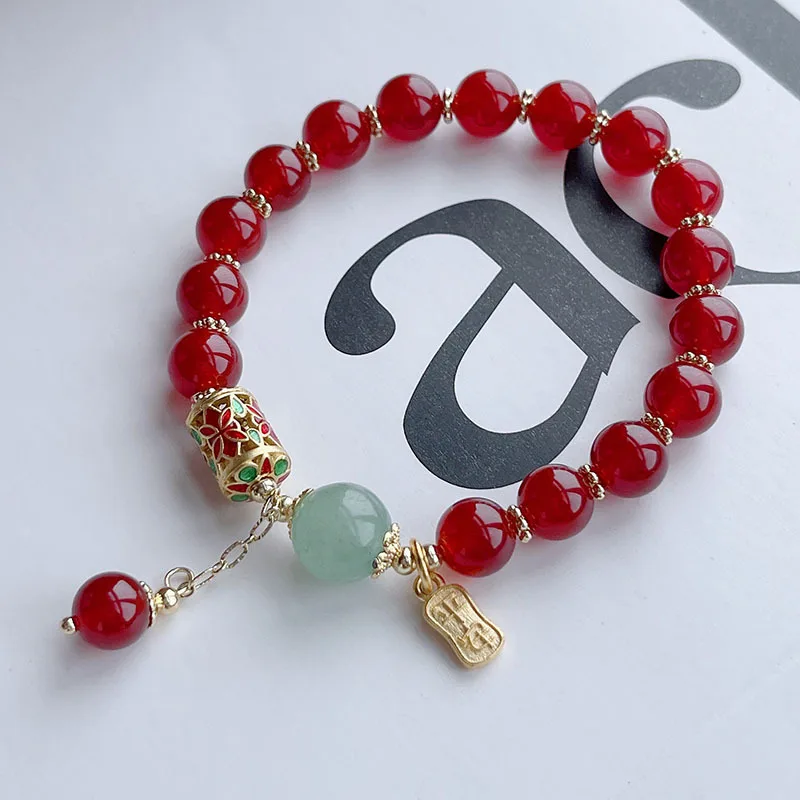 Ruifan Cloisonne Prayer Wheel Lucky Charm 8mm Natural Red Agate Beaded Stretch Bracelets for Women Female Fine Jewelry YBR743