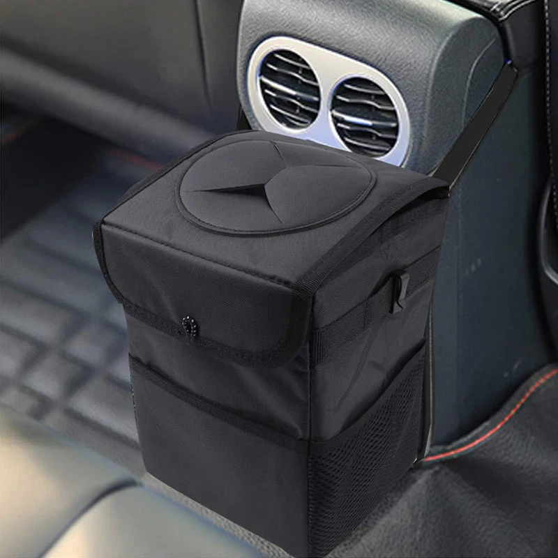 Car Trash Can With Lid Car Trash Bag Hanging With Storage Pockets Collapsible And Portable Car Garbage Bin