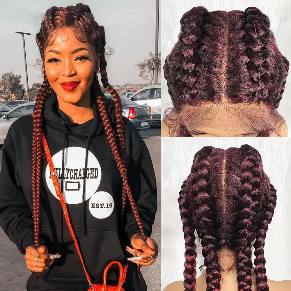 Ombre Color 4 Braids Lace Topline Wig Ombre 99j Burgundy Red Wine Synthetic African Cornrows Box Braided Lace Wig