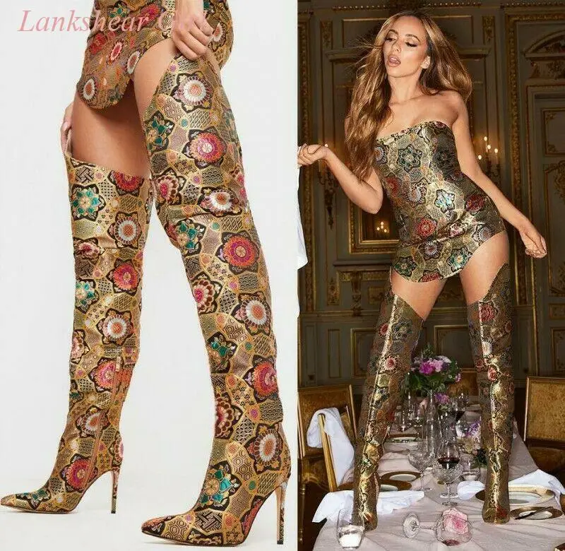 New Autumn and Winte Printing Floral Women's Over The Knee Boots Pointed Toe Shoes Stilettos Heel Personalized Catwalk Boots