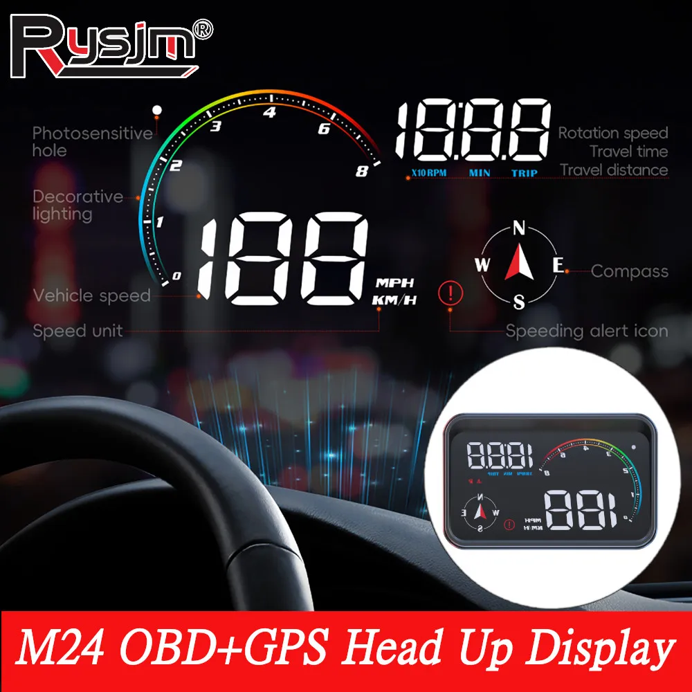 M24 GPS+OBD Car Head Up Display Smart Speedometer Auto Electronics HUD Projector  Turbo RPM Alarm Water Temp Driving Time