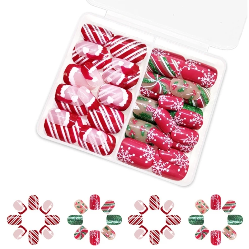 Christmas Full Cover on Nails Lines Press On Nails Short Square False Nails Glittering Artificial Nails for Winter