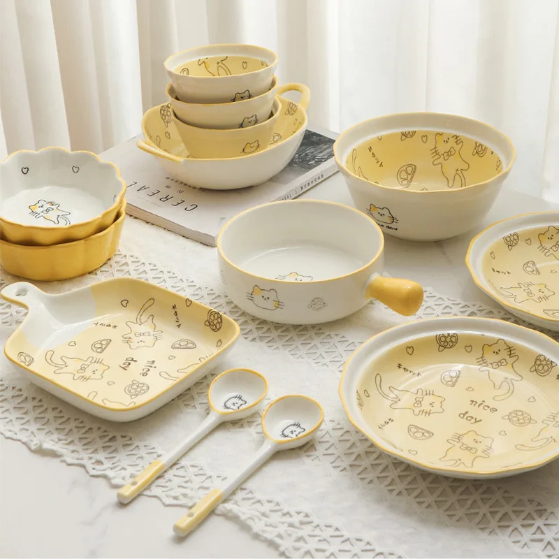 

Orange Cat Ceramic Dinnerware Set Cute Bowl Plate Cutlery for Home Kitchen New House Gift