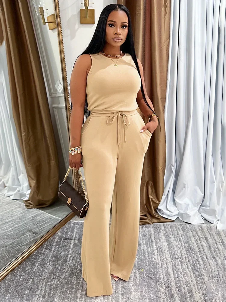 Jumpsuit Kasual Solid untuk Wanita Romper Satu Potong Pinggang Tinggi Tali Serut Tanpa Lengan dan Jumpsuit Kombinasi Pakaian Musim Panas