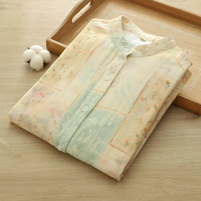 

Women's Quality Cotton Shirt Classic Stand Collar Long Sleeve Breathable and Soft Tops All-match Loose Shirts S179-2