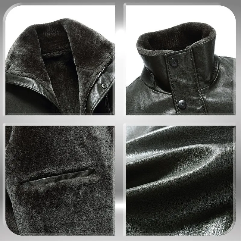 2023 New Men Fashion Casual Fur Integrated Leather Coat Winter Men Mid-Length Thickened Wool Liner Warm Sheep Leather Jacket