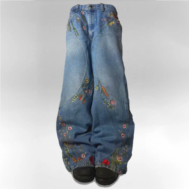 HKSH 2025 ربيع الخريف جديد رجل المد Y2K فضفاض واسعة الساق الجينز تطريز أنيق شارع العليا الدنيم السراويل شيك Ins طباعة HK10247