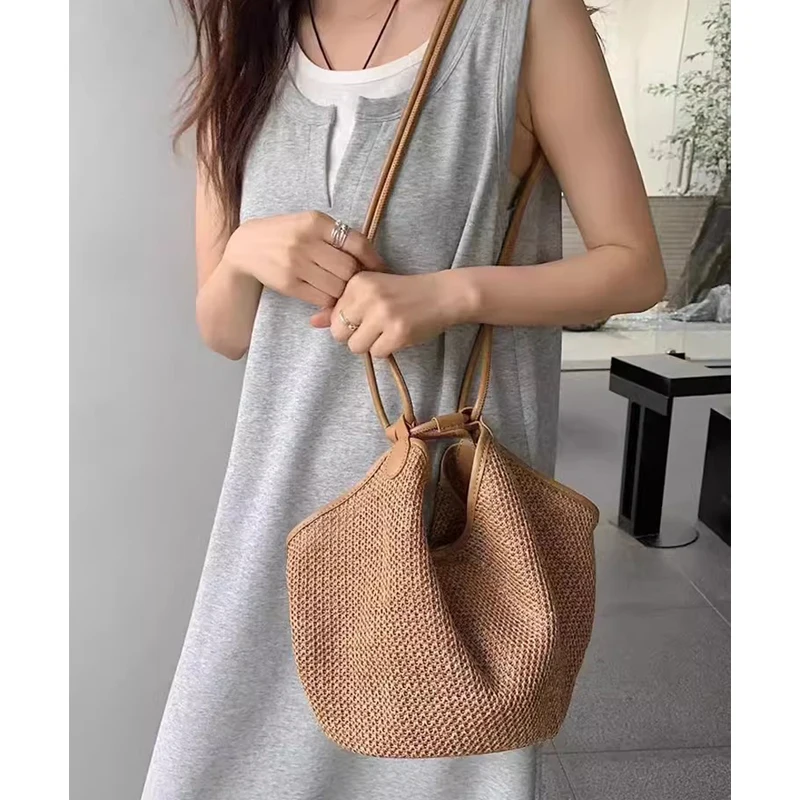 Bolso de paja con forma de cubo para mujer, bandolera informal de playa, pequeño, para viaje y vacaciones