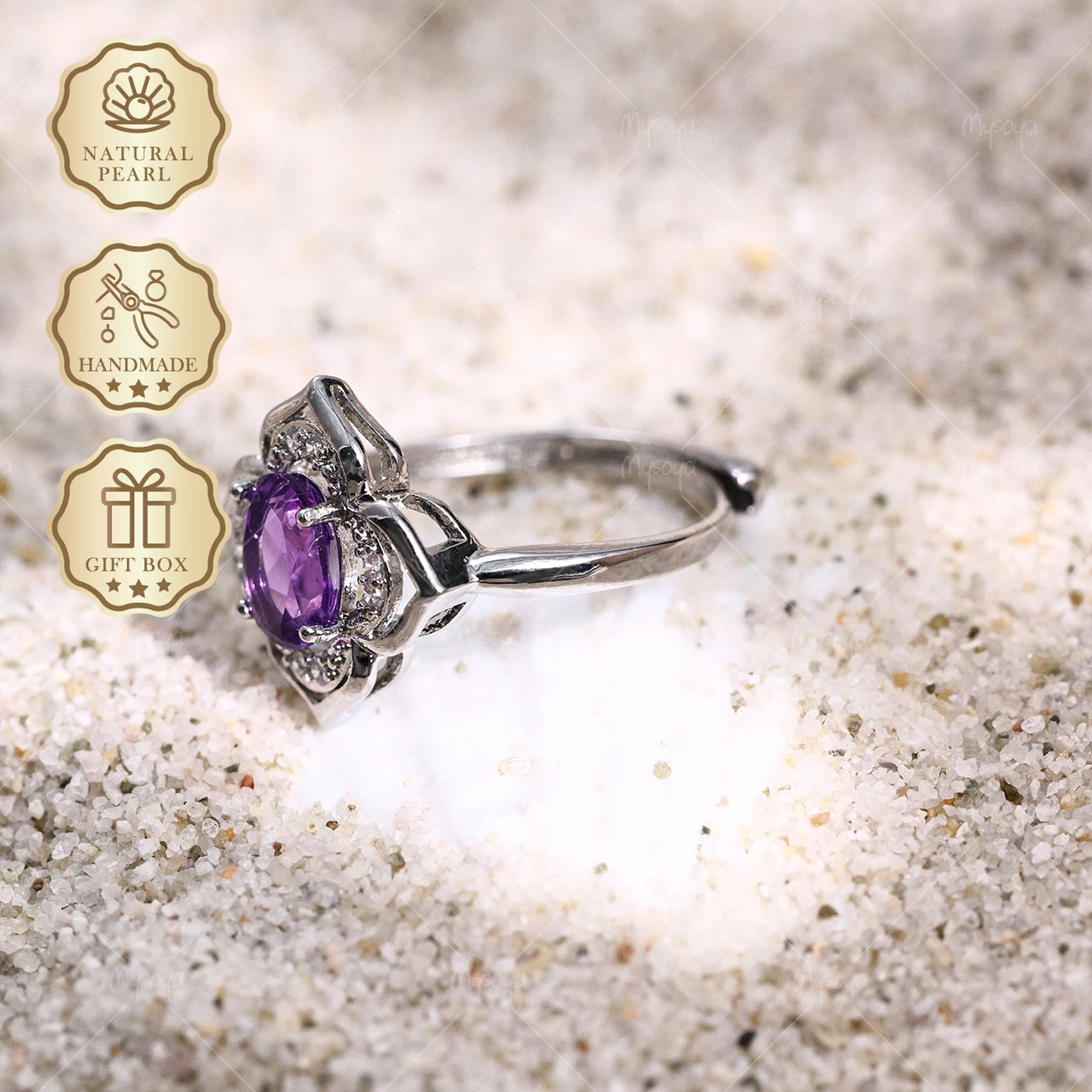 

Серебряное кольцо Mysoya S925 с позолотой, цветочный дизайн, натуральный аметист 6x8 мм, 1,16 карата, подарочная коробка, подарок на День святого Валентина или день рождения для нее