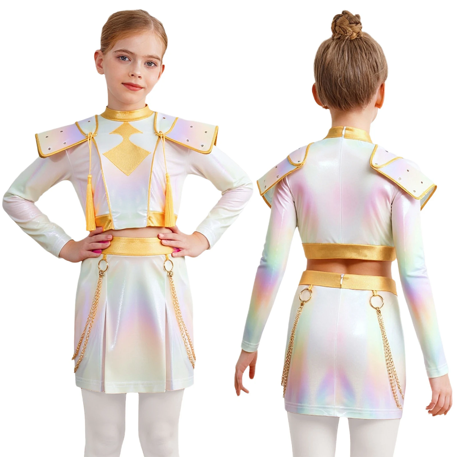 

Костюм для косплея на Хэллоуин для девочек, костюм для выступлений на Хэллоуин, комплект одежды для джазовых танцев, укороченный топ с металлическим блеском и юбкой