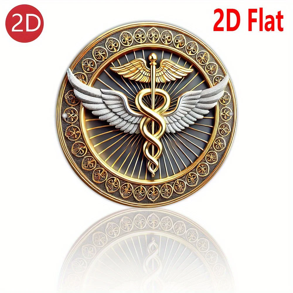 

2D плоское украшение в виде медицинского символа - эмблема золотого кадуцея с крыльями - прочная алюминиевая табличка для медицинских услуг, офисов