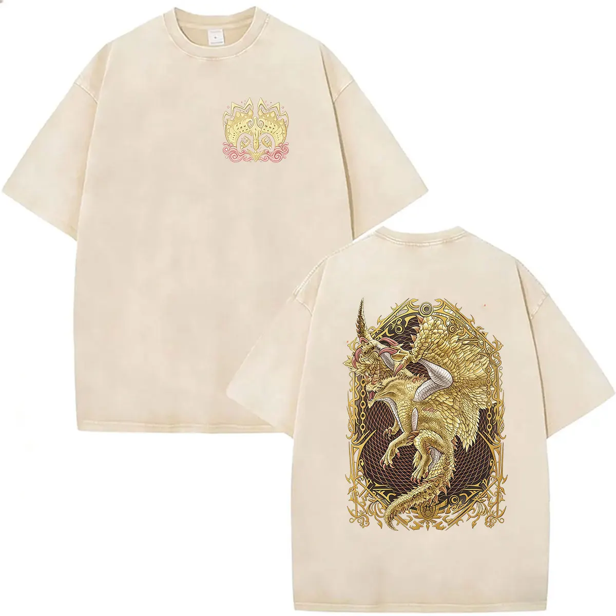 Monster Hunter Vintage Washed T-Shirts Shagaru Magala The Golden Eclipse Game Player T-Shirt Herren Damen Übergroßes Baumwoll-T-Shirt – Detail 3