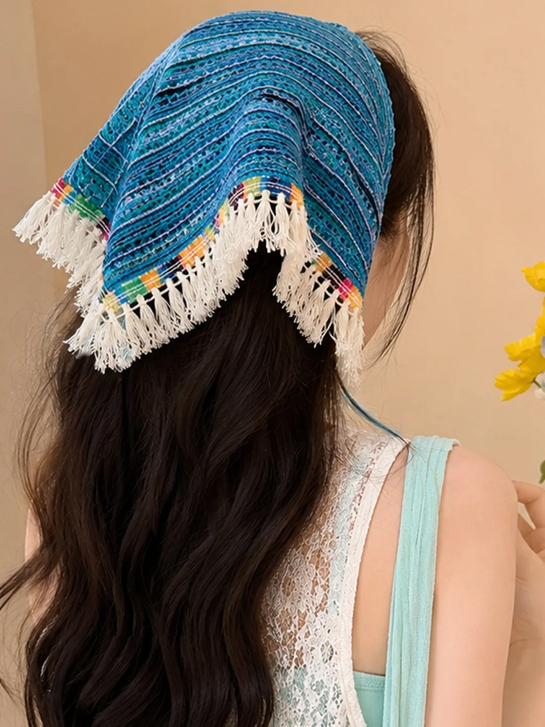 Women Bohemian Ethnic Colorful Striped Knit Triangle Headscarf Tassel Trim Hair Scarf Retro Versatile Headwear Photo Prop Shawl