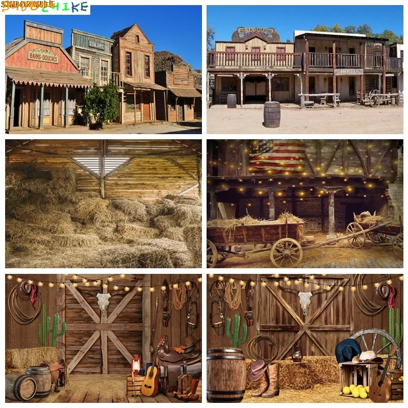 

Western Cowboy Photography Backdrop for Birthday Party Wild West Rustic Farm Barn Wooden House Baby Portrait Photo Background