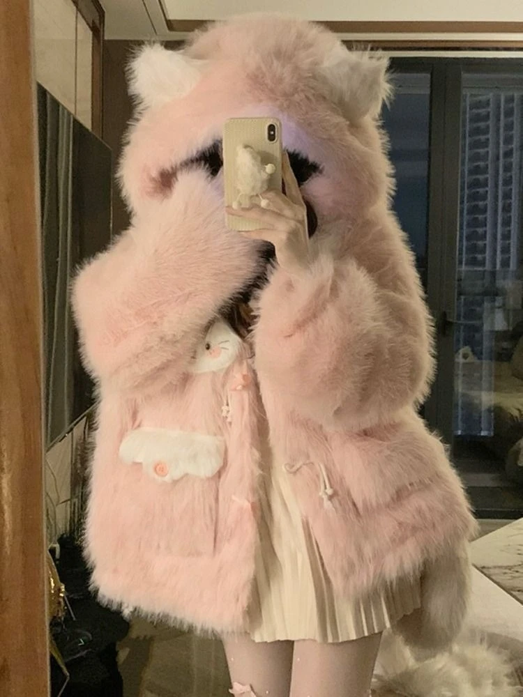 

Зимние милые пальто из искусственного меха, женские повседневные Y2k 2025, американские винтажные японские куртки Kawaii, верхняя одежда, теплое праздничное пальто для вечеринок