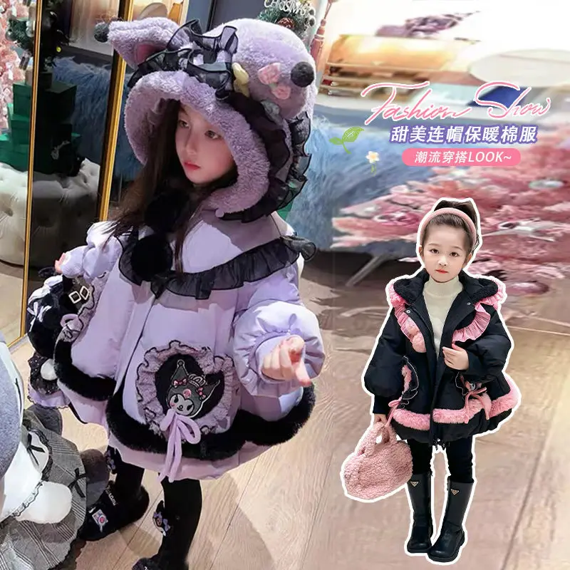 Anime Sanrio Kuromi Winter New Girl Lolita Down Jacket Dress Lace Cute Doll Hooded Windbreaker Coat for Kids Warm Long Outerwear