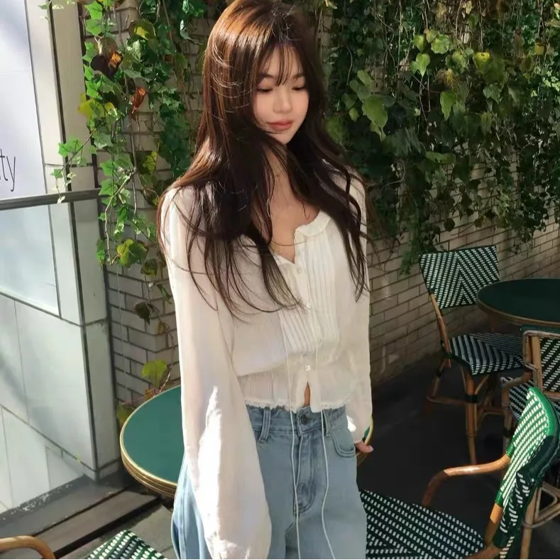 Summer New Pure Color Shirt Women's V-neck Pleated Long Sleeve Waist-cinched Single Button Top French Style Bubble Sleeve