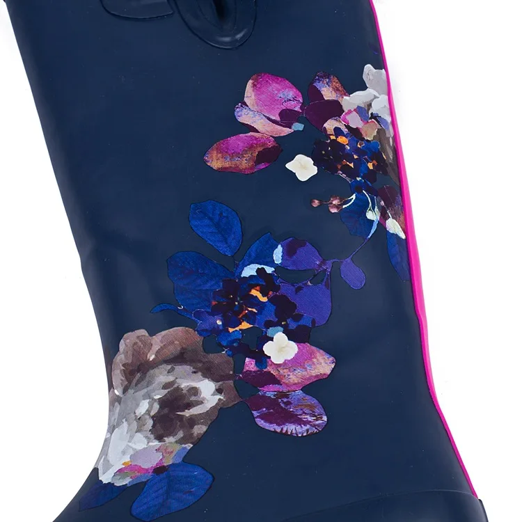 Fashion Ladies High-top Rain Boots Rain Boots Navy Blue Flower Water Shoes Rubber Sleeve Long Rain Boots