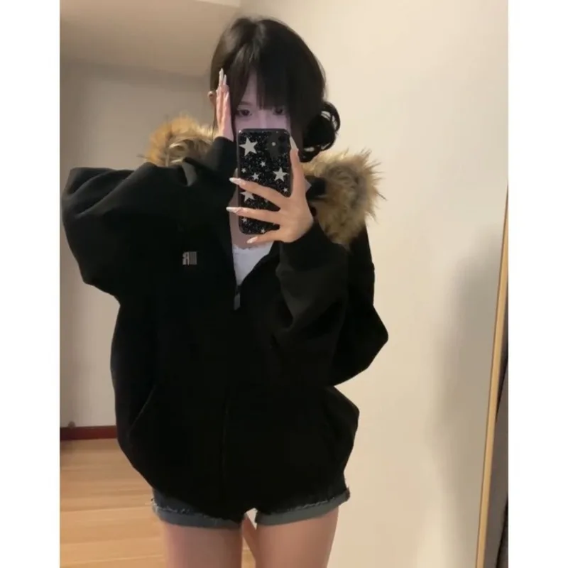 Vintage Letter Print Black Zip Up Hoodies Women Oversized Faux Fur Coat Casual Sweatshirt Autumn Winter Harajuku Jacket Outwear