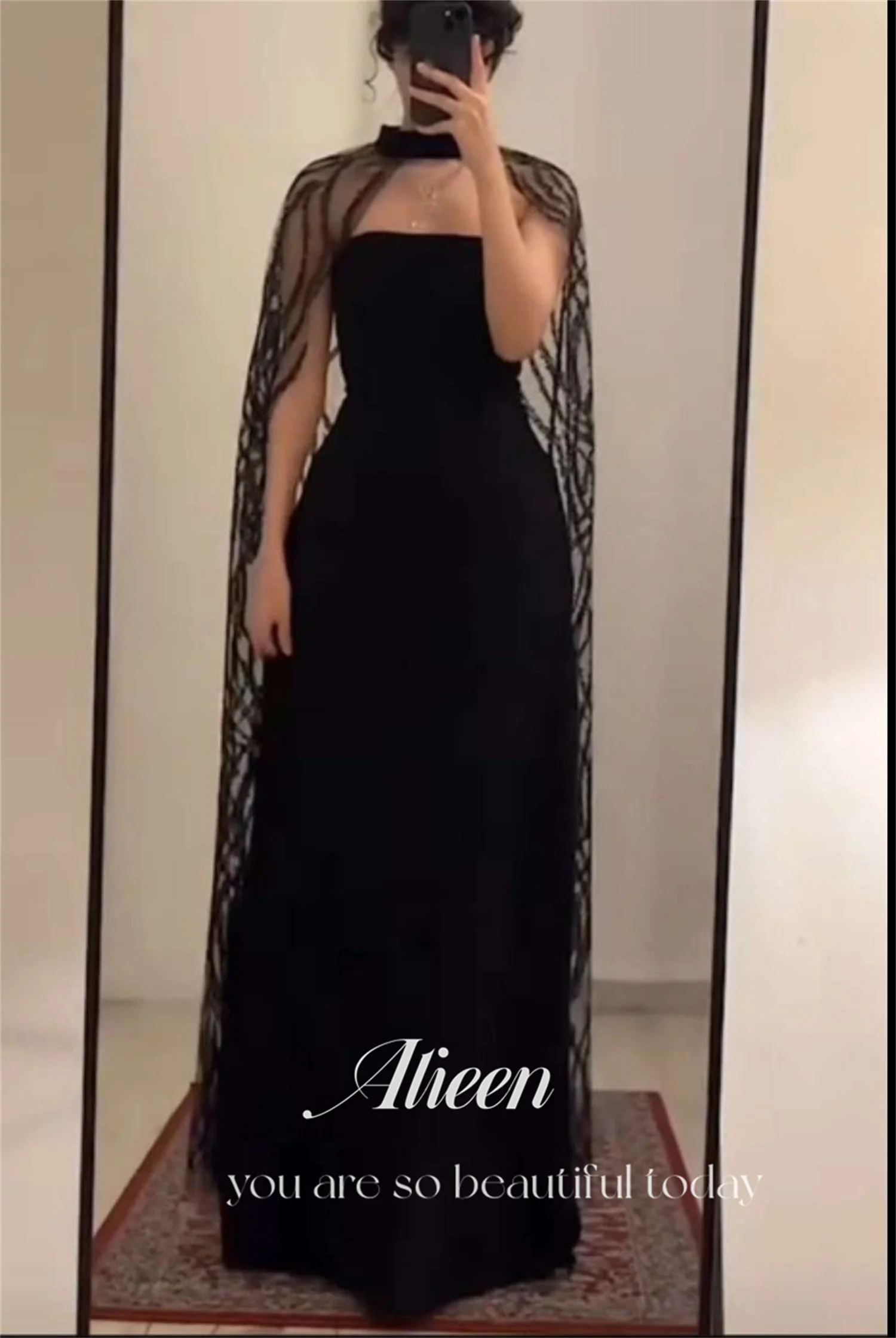 Aileen Black Saudi Arabia Shawl A-line Elegant Evening Dresses for Women Luxury Prom Dress 2024 Ball Gowns Party